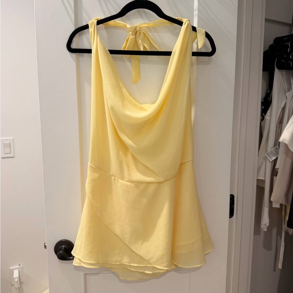 Light Yellow Draped Halter Mini Dress with Tie Back